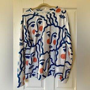 Abstract Face Print Sweatshirt - Blue and Orange - XL